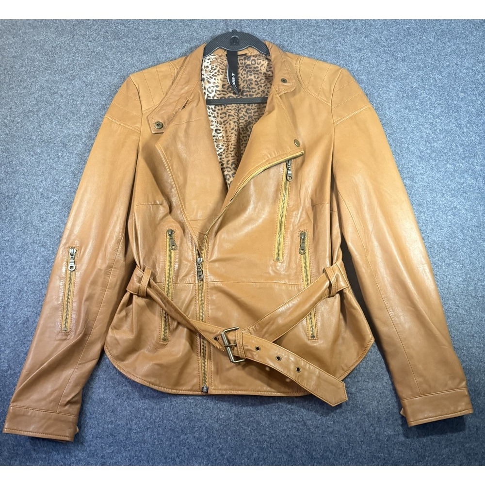 Kenna-T Women's Tan Leather Biker Jacket with Belt and Leopard Print Lining M